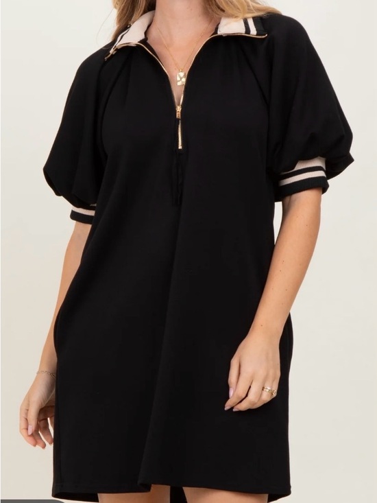 entro Dresses & Skirts - Black Half Zip Puff Sleeve Mini Dress with Contrast Collar and Cuffs